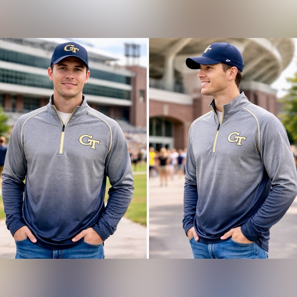 Colosseum Georgia Tech GT Quarter Zip Pullover Men’s L Gray Navy Ombre